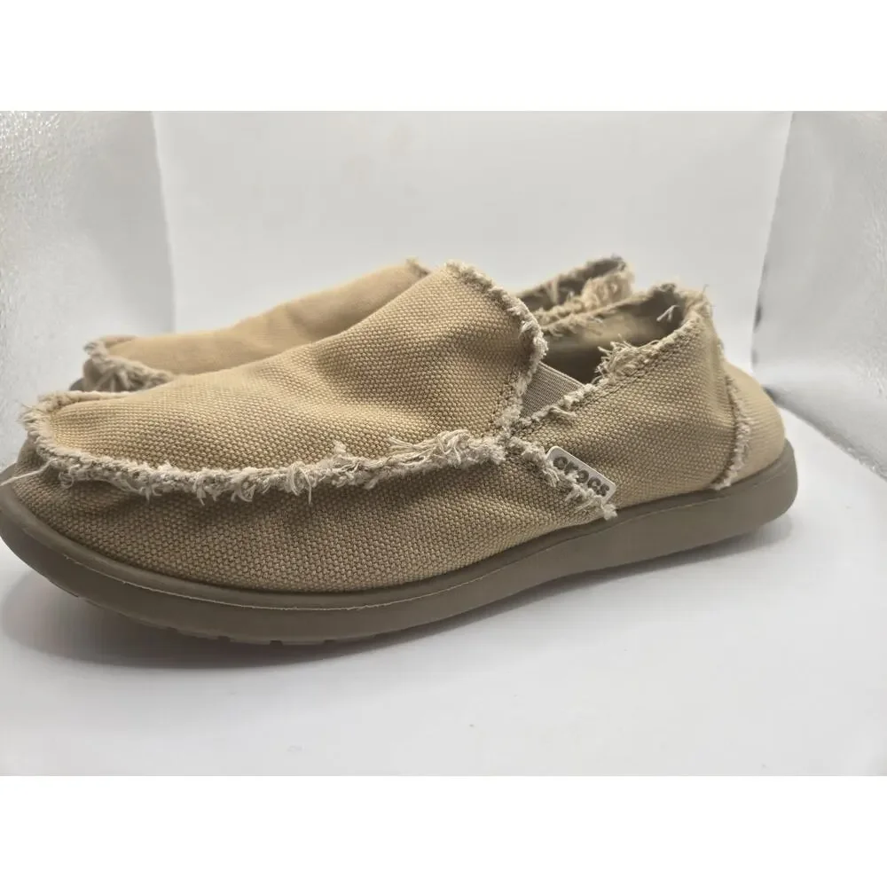 Crocs ~ Santa Cruz Men Sz 8 - Khaki Canvas Slip On Comfort Shoes Casual Distress